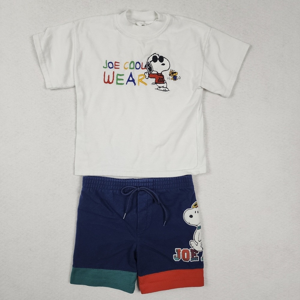 Vintage Snoopy Joe Cool Wear T-Shirt Short Set Kids 3T White Blue Embroidered